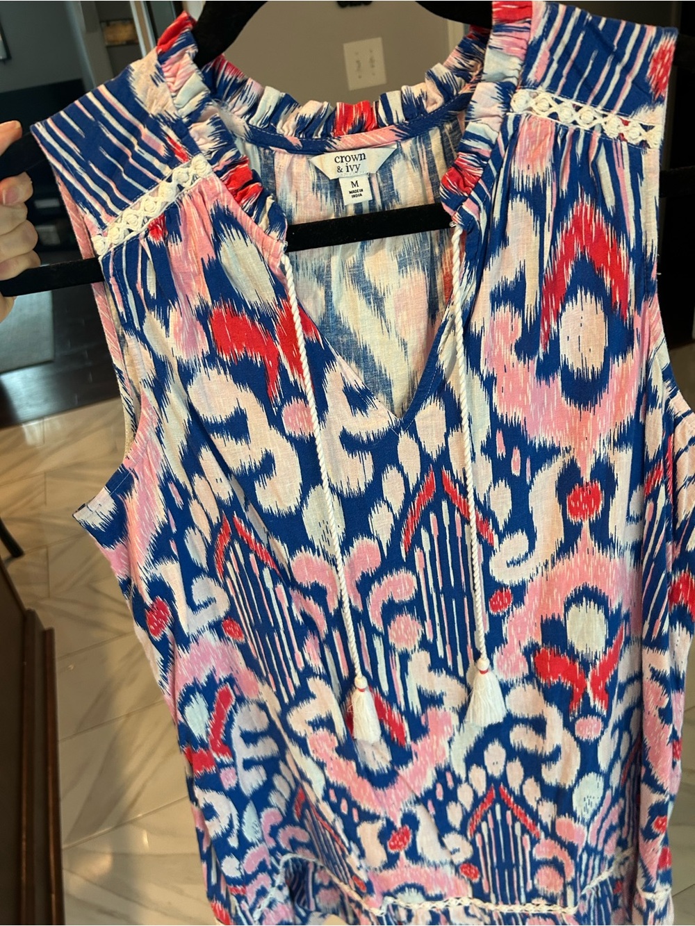 crown & ivy Blue White Pink Printed Sleeveless Ruffle-Hem Dress - Picture 4 of 9